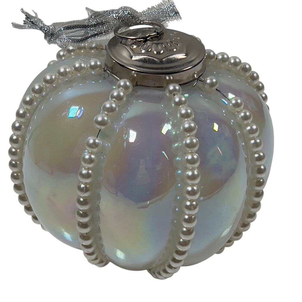 Iridescent White Glass Pumpkin Ornament Pearl Beaded Rows Metal Stem Cap Holiday
